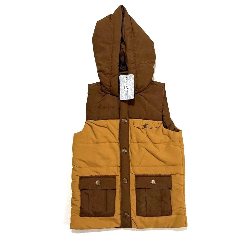 Tommy Bahama Kids Vest Boys S (5/6) Hooded Puffer Snap Buttons Brown Tan